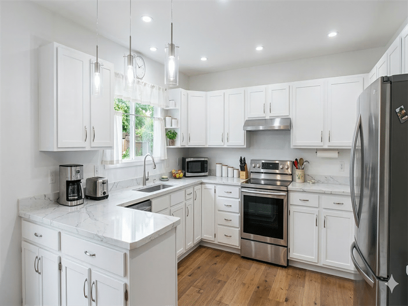 Modern white kitchen after renovation with quartz countertops
