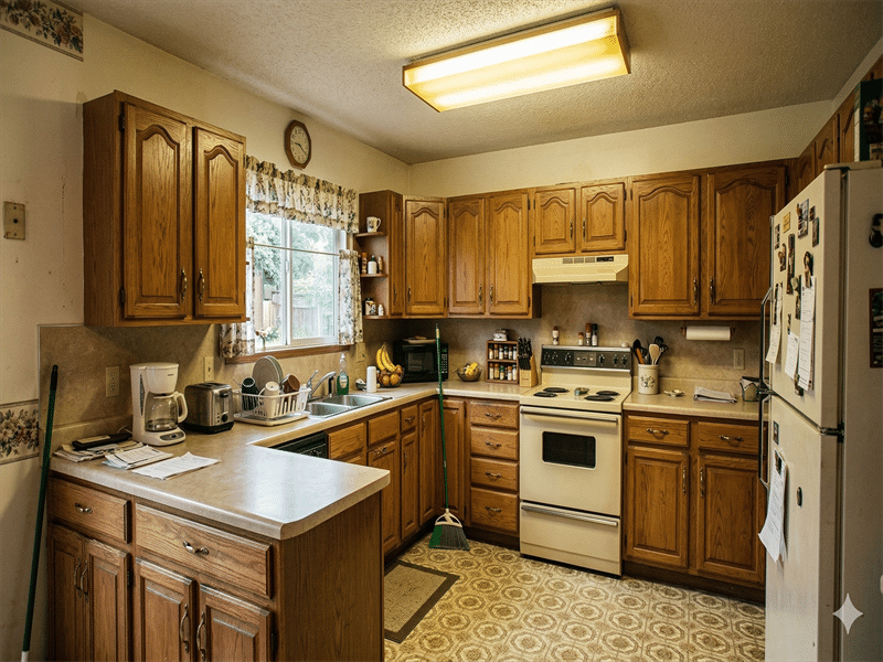 Dated 1990s kitchen with oak cabinets before renovation