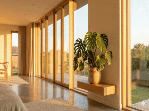 Modern interior with warm golden sunlight through floor-to-ceiling windows