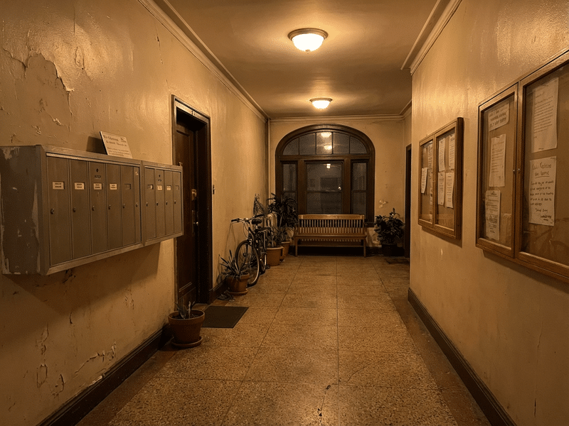 Building hallway surveillance camera view