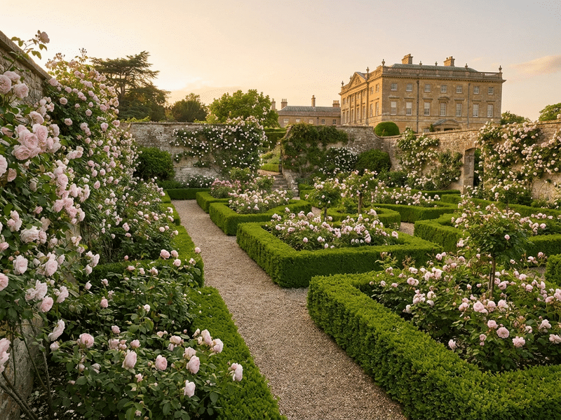 Formal rose garden with Wedgwood blue tones