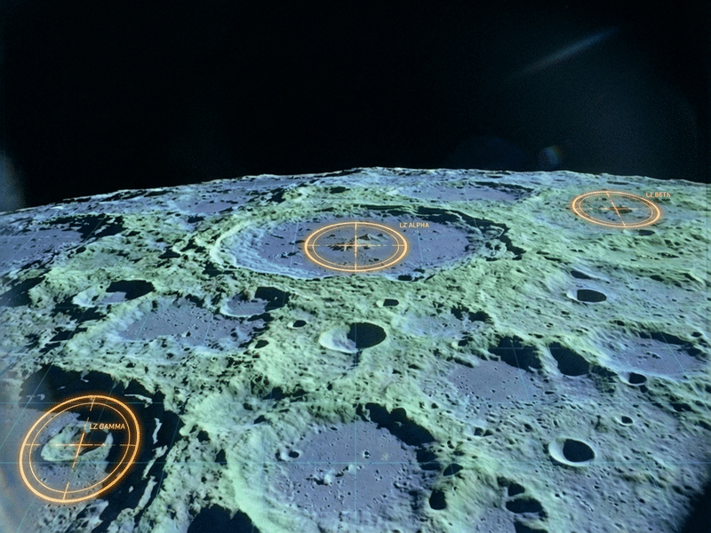 Moon surface with enhanced terrain overlay and landing zones